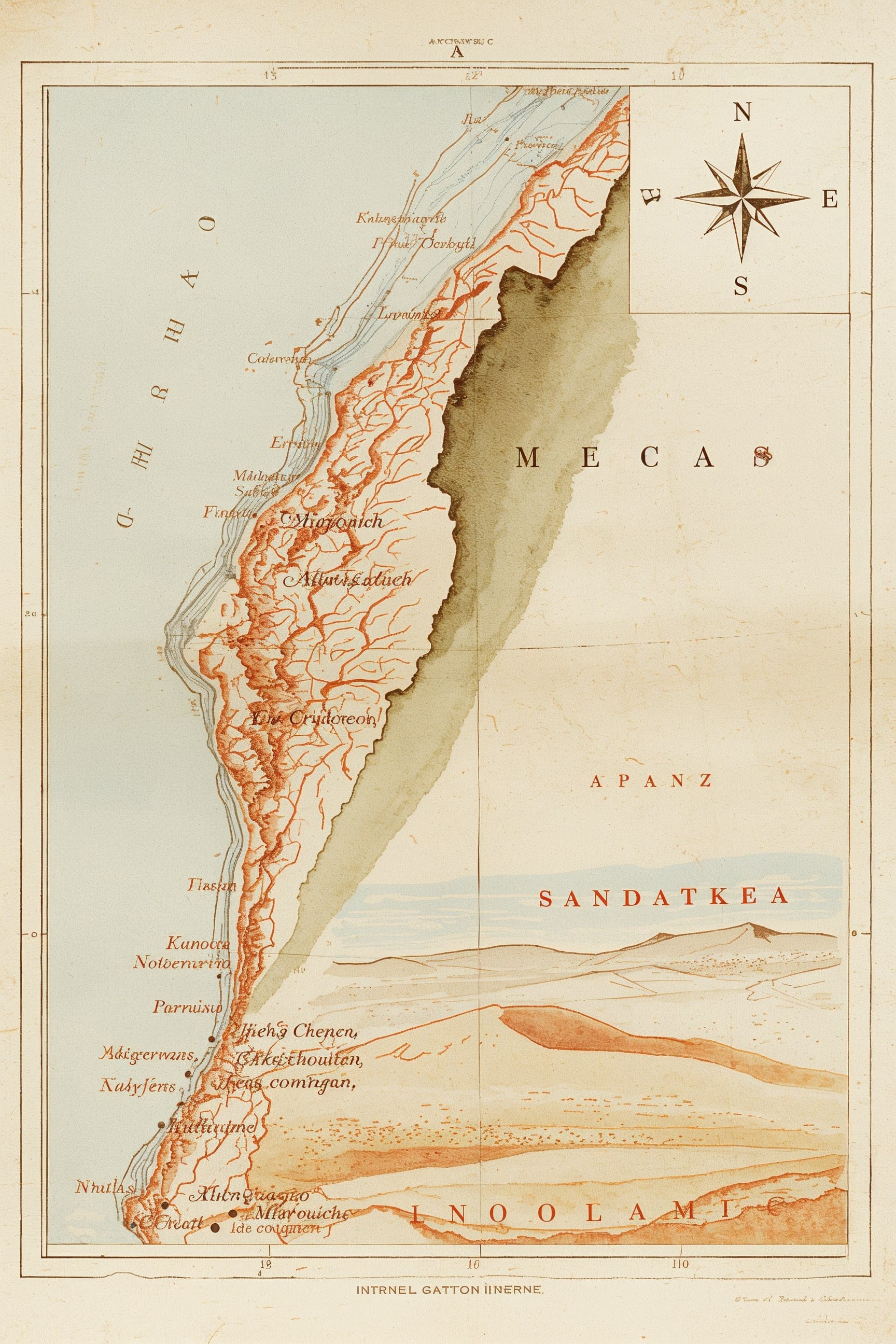Mapa pintado a mano de Marruecos con seis destinos